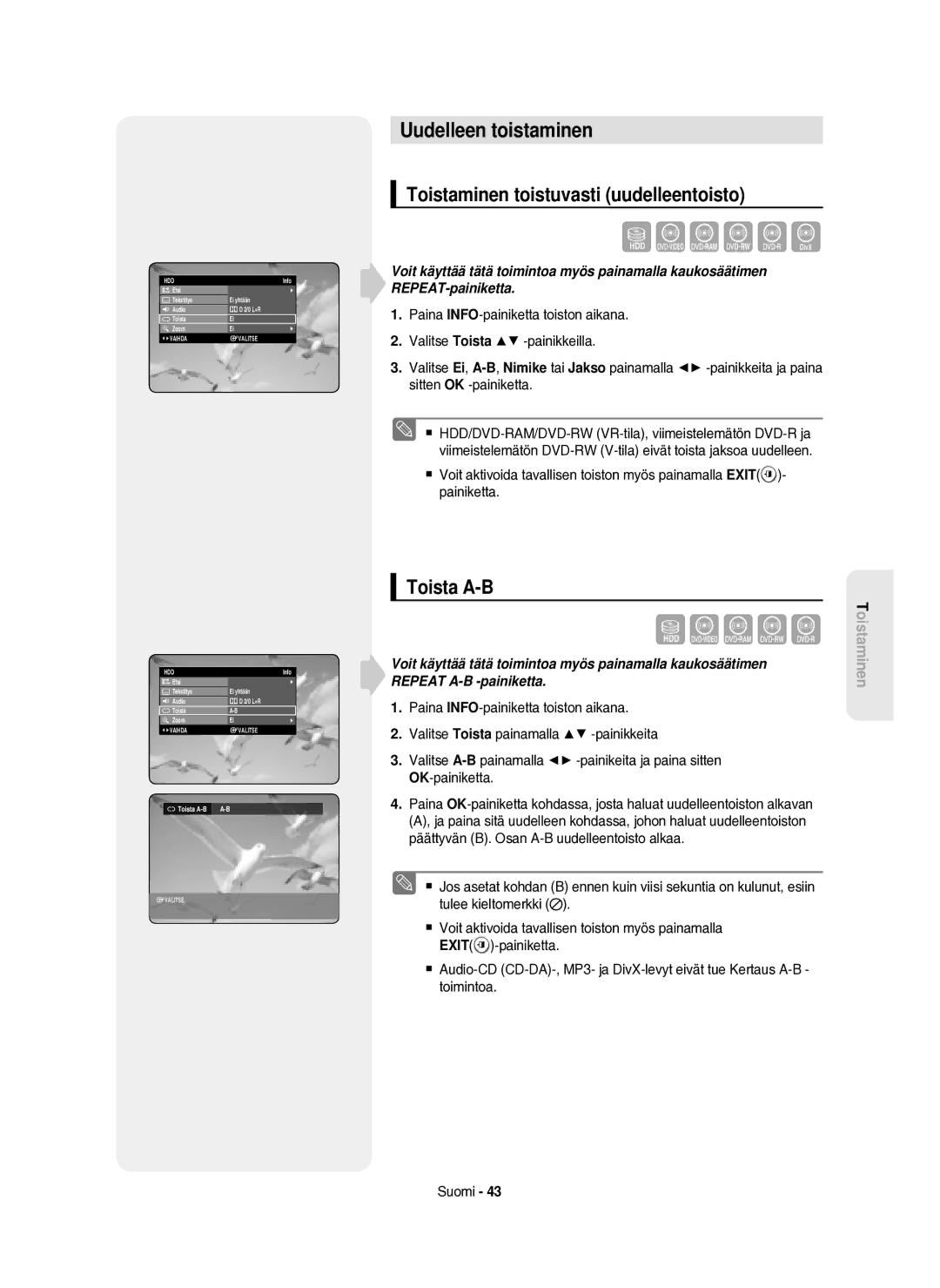 Samsung DVD-HR750/XEE manual Uudelleen toistaminen, Toistaminen toistuvasti uudelleentoisto, Toista A-B 