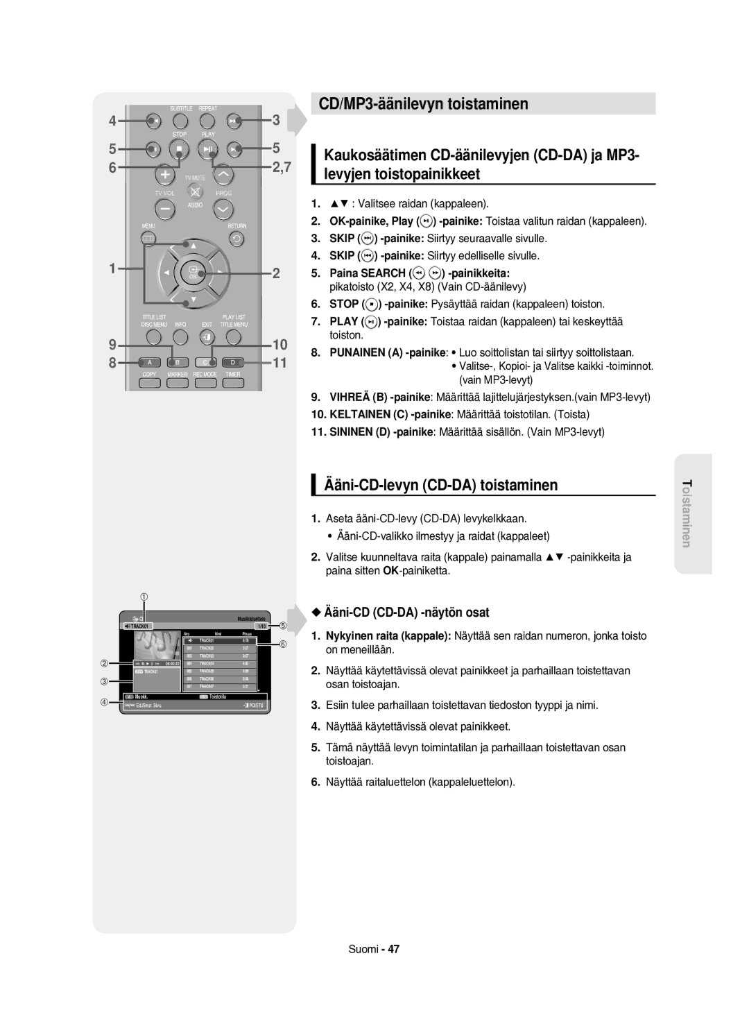 Samsung DVD-HR750/XEE manual CD/MP3-äänilevyn toistaminen, Ääni-CD-levyn CD-DA toistaminen, Ääni-CD CD-DA -näytön osat 