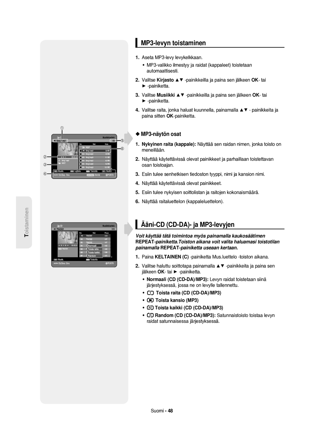 Samsung DVD-HR750/XEE manual MP3-levyn toistaminen, Ääni-CD CD-DA- ja MP3-levyjen, MP3-näytön osat 