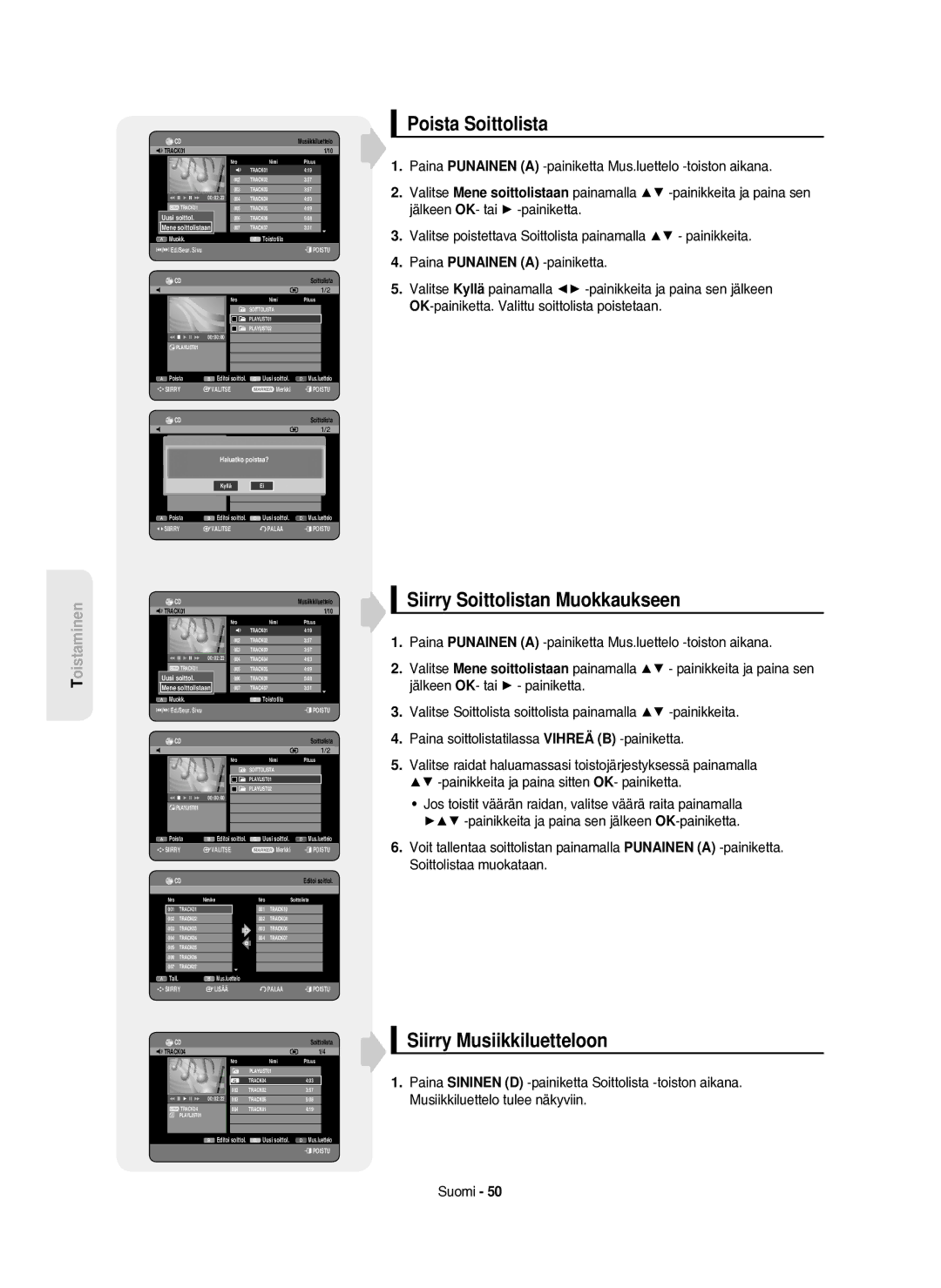 Samsung DVD-HR750/XEE manual Poista Soittolista, Siirry Soittolistan Muokkaukseen, Siirry Musiikkiluetteloon 