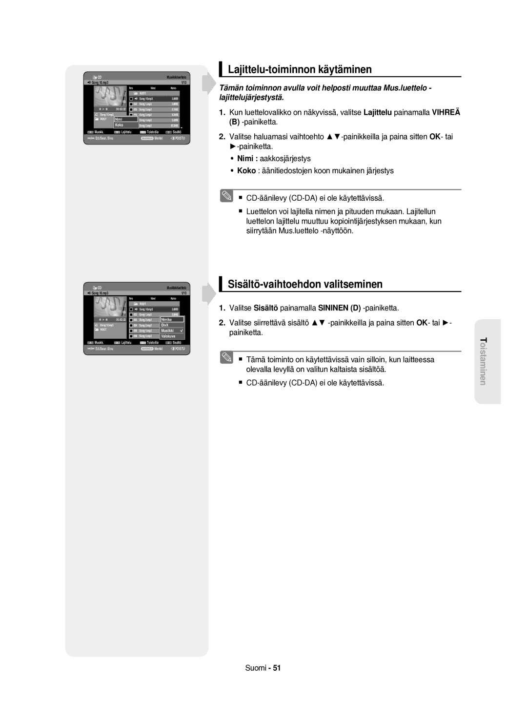 Samsung DVD-HR750/XEE manual Lajittelu-toiminnon käytäminen, Sisältö-vaihtoehdon valitseminen 