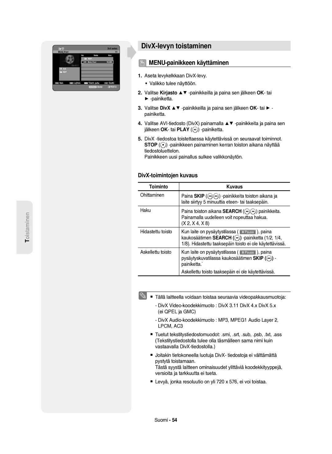 Samsung DVD-HR750/XEE manual DivX-levyn toistaminen, MENU-painikkeen käyttäminen, DivX-toimintojen kuvaus, Toiminto Kuvaus 