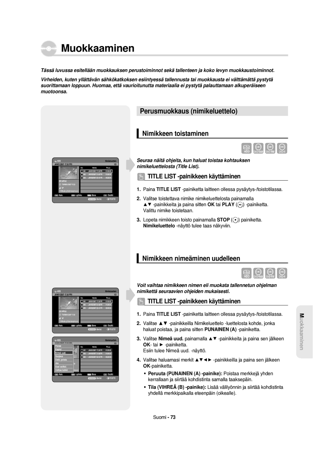 Samsung DVD-HR750/XEE manual Perusmuokkaus nimikeluettelo, Nimikkeen toistaminen, Nimikkeen nimeäminen uudelleen 