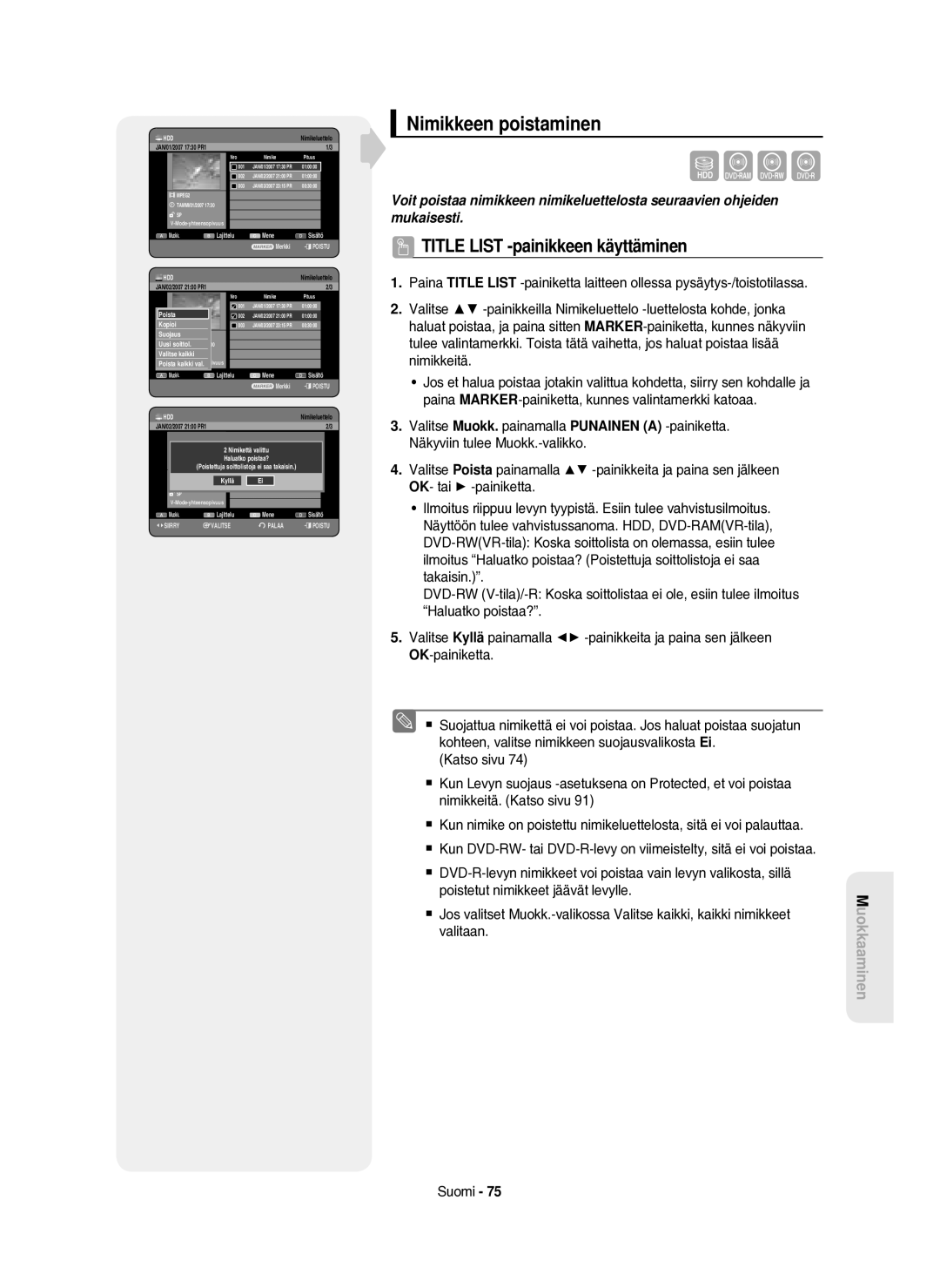 Samsung DVD-HR750/XEE manual Nimikkeen poistaminen 