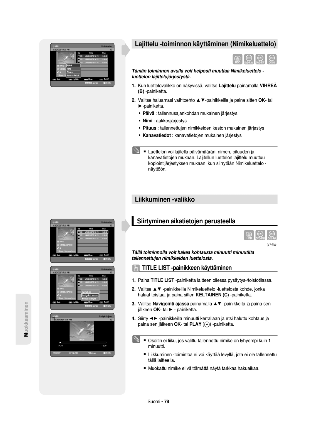 Samsung DVD-HR750/XEE manual Lajittelu -toiminnon käyttäminen Nimikeluettelo, Liikkuminen -valikko 