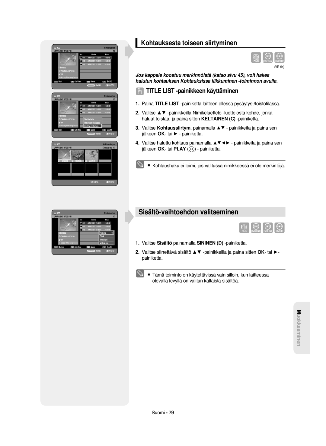 Samsung DVD-HR750/XEE manual Sisältö-vaihtoehdon valitseminen, Kohtauksesta toiseen siirtyminen 