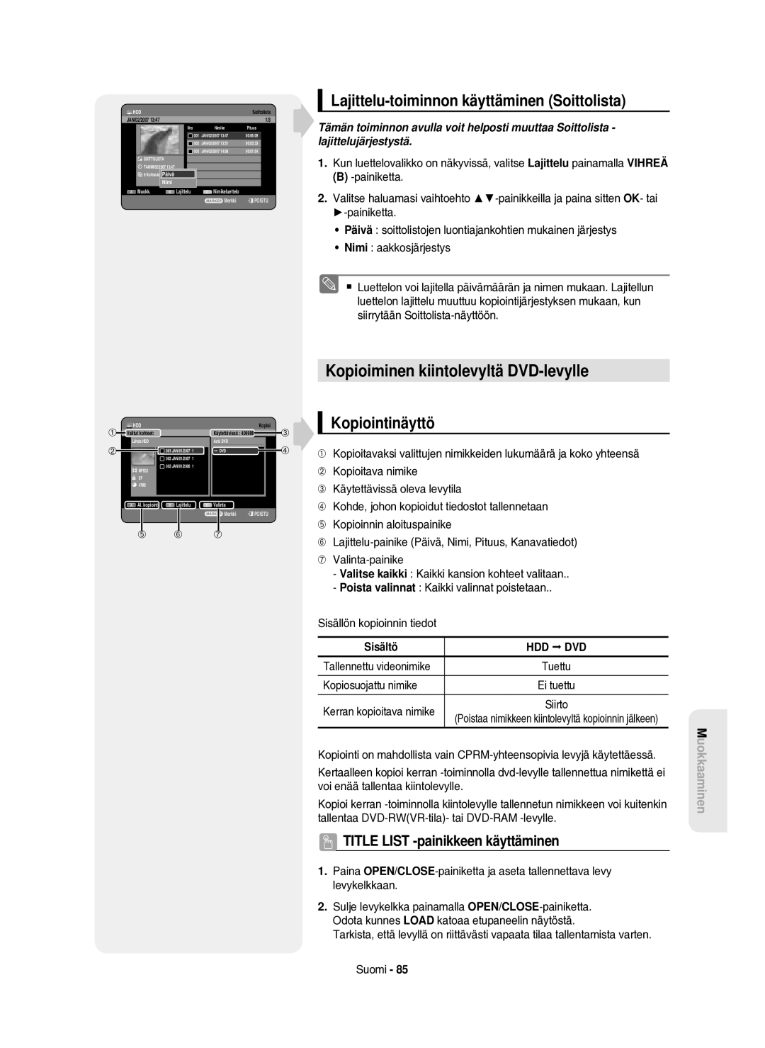 Samsung DVD-HR750/XEE Kopioiminen kiintolevyltä DVD-levylle, Lajittelu-toiminnon käyttäminen Soittolista, Kopiointinäyttö 