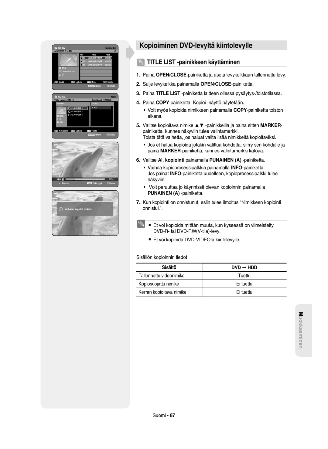 Samsung DVD-HR750/XEE manual Kopioiminen DVD-levyltä kiintolevylle, Tallennettu videonimike, Kerran kopioitava nimike 