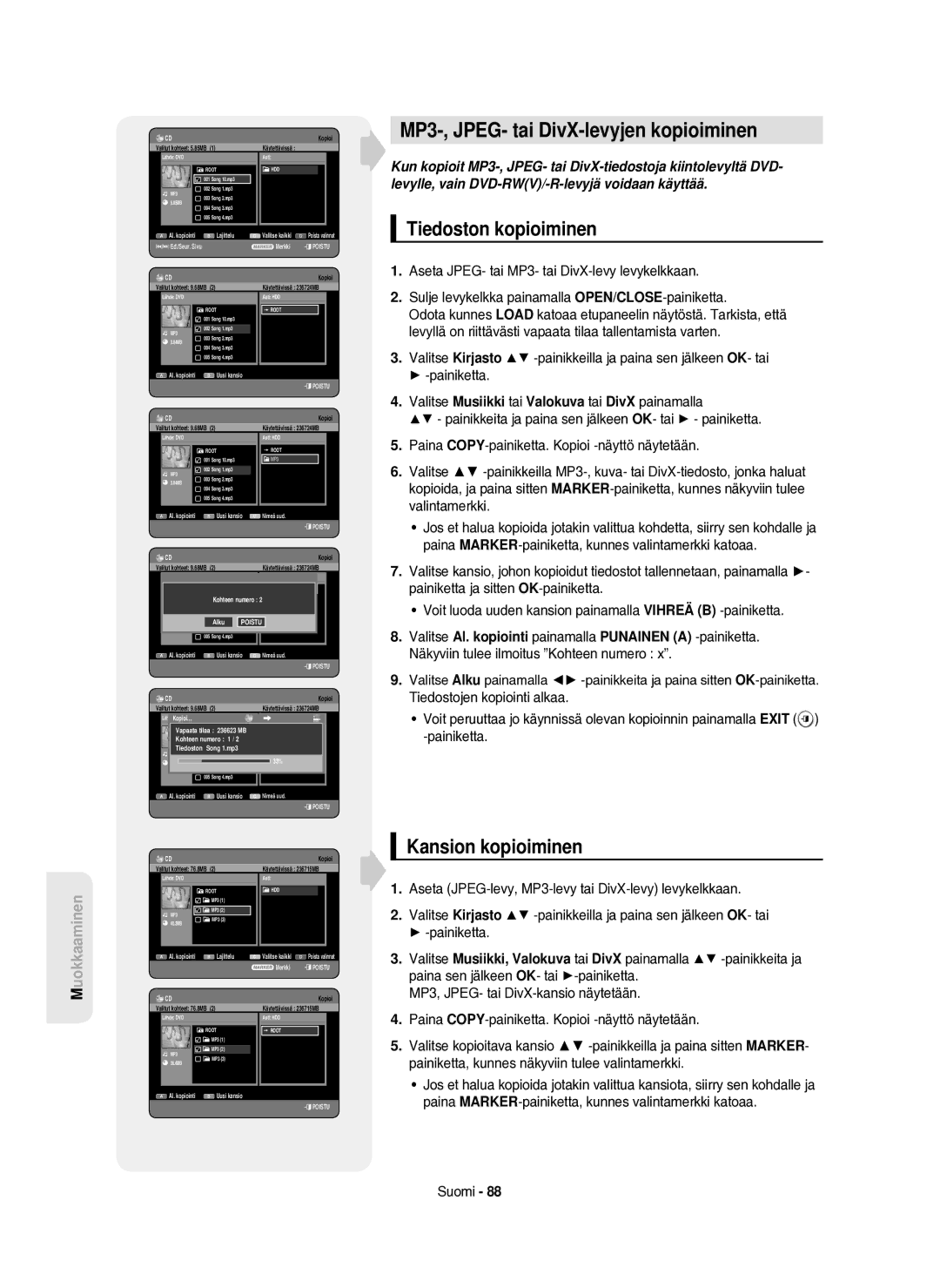 Samsung DVD-HR750/XEE manual MP3-, JPEG- tai DivX-levyjen kopioiminen, Tiedoston kopioiminen, Kansion kopioiminen 