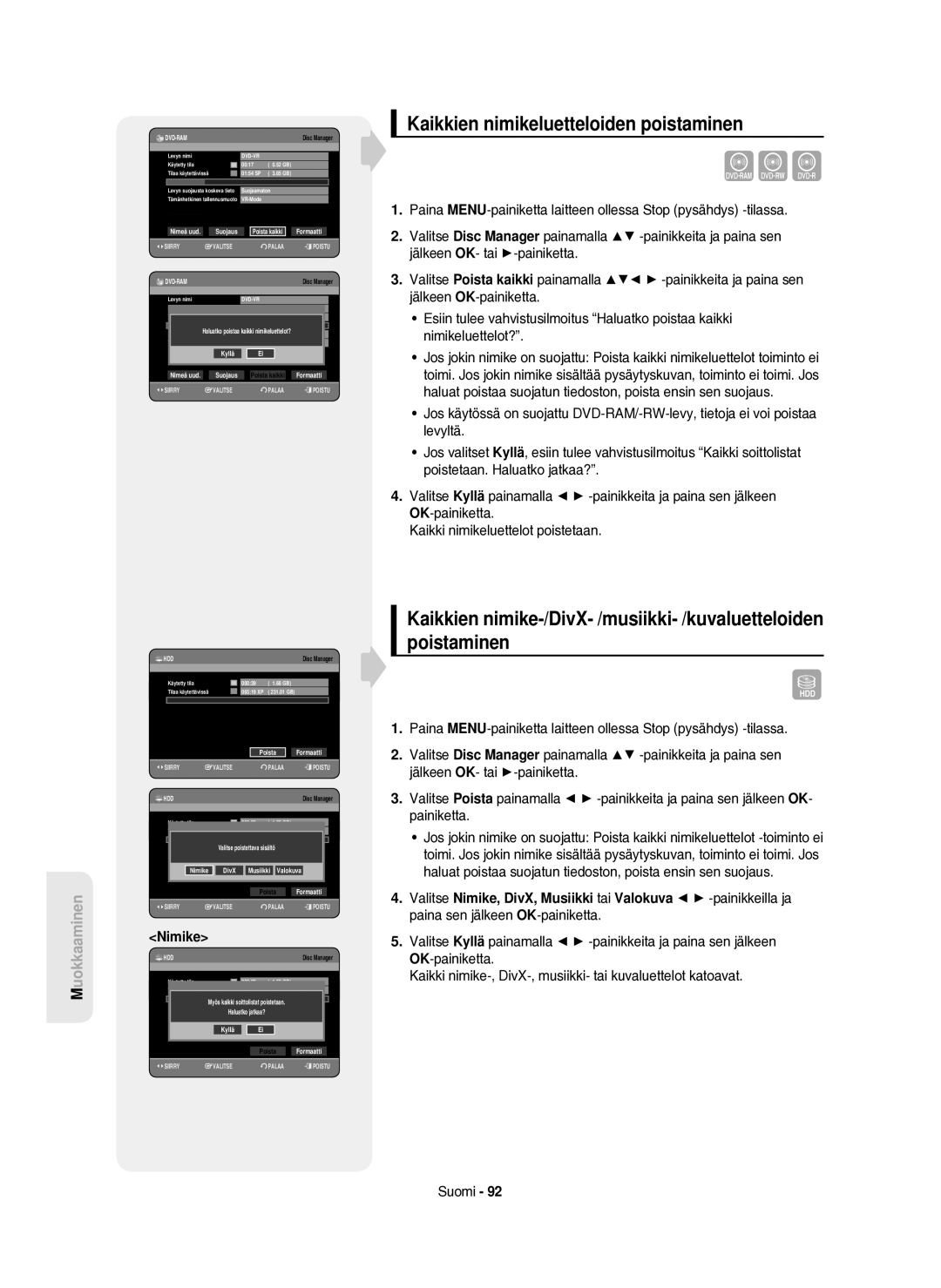 Samsung DVD-HR750/XEE manual Kaikkien nimikeluetteloiden poistaminen, Nimike 