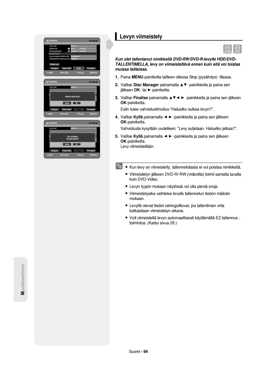 Samsung DVD-HR750/XEE manual Levyn viimeistely, Dvd-Rwvr 