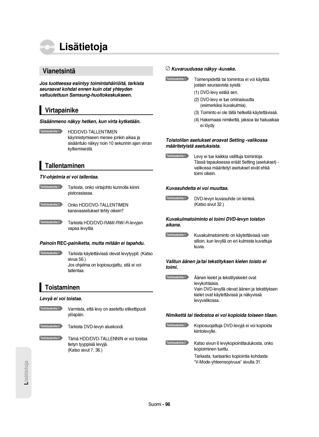 Samsung DVD-HR750/XEE manual Vianetsintä, Virtapainike, Tallentaminen, Toistaminen 