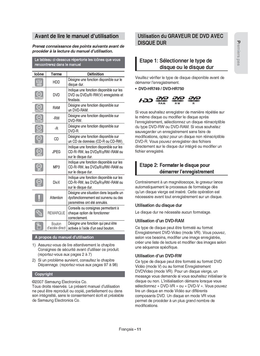 Samsung DVD-HR750/XEF manual Avant de lire le manuel d’utilisation, Utilisation du Graveur DE DVD Avec 