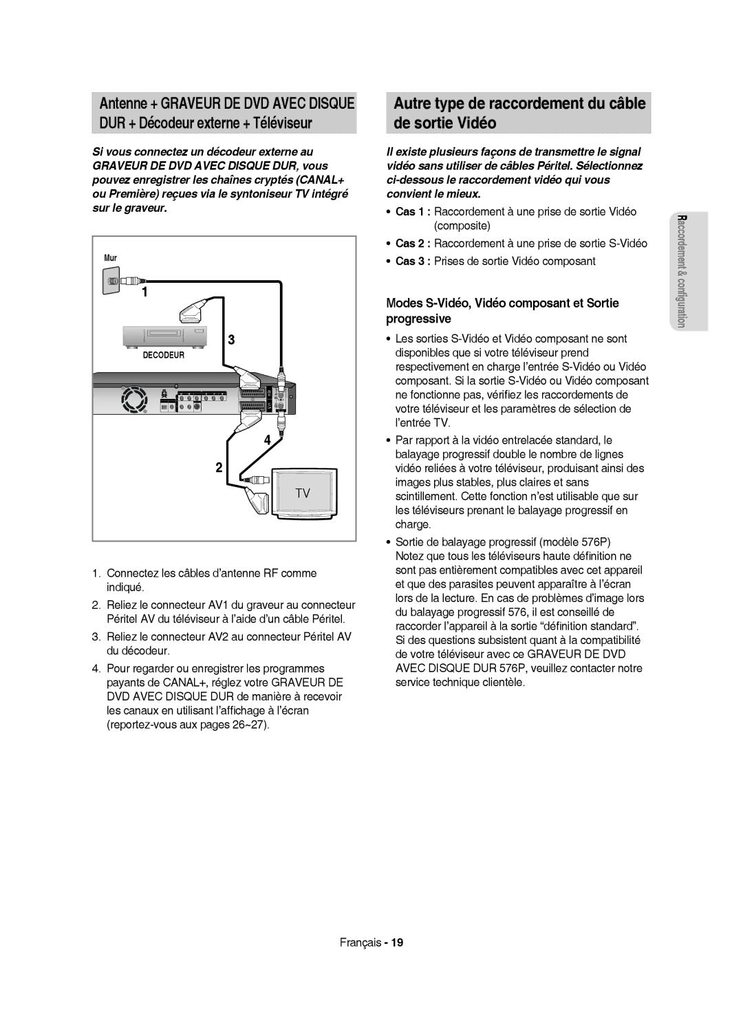 Samsung DVD-HR750/XEF manual Autre type de raccordement du câble De sortie Vidéo, DUR + Décodeur externe + Téléviseur 