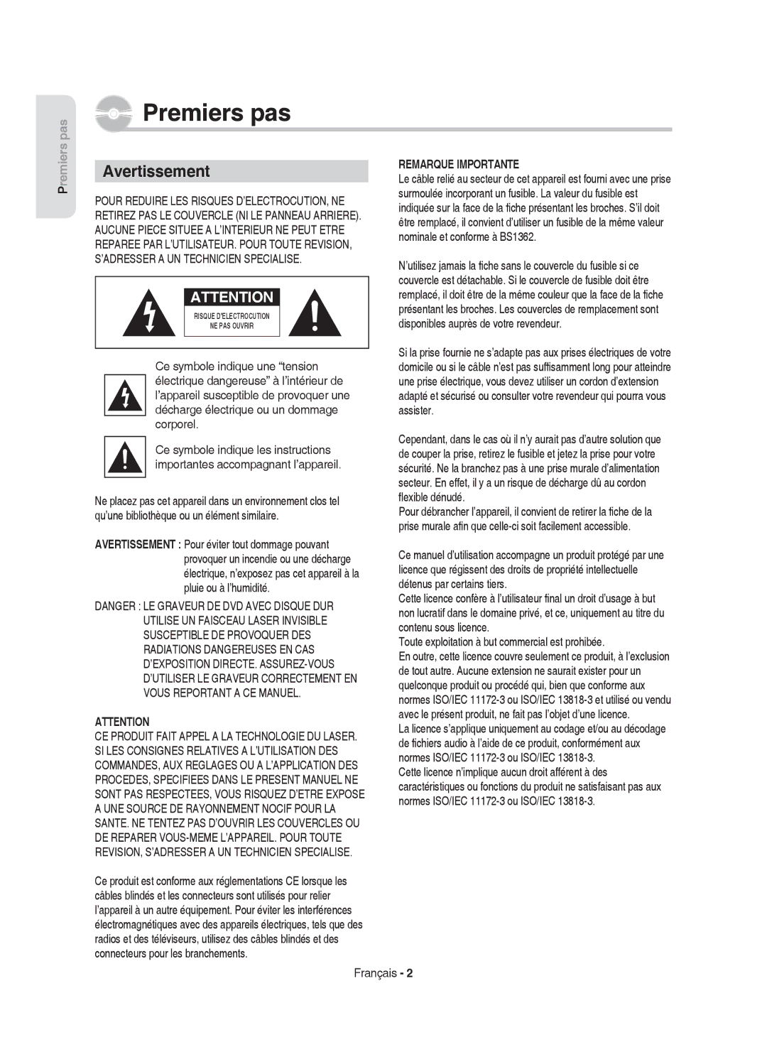 Samsung DVD-HR750/XEF manual Avertissement, Remarque Importante, Toute exploitation à but commercial est prohibée, Français 