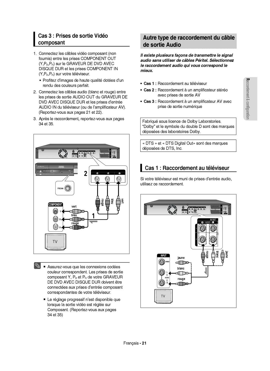 Samsung DVD-HR750/XEF manual Autre type de raccordement du câble De sortie Audio, Cas 3 Prises de sortie Vidéo composant 