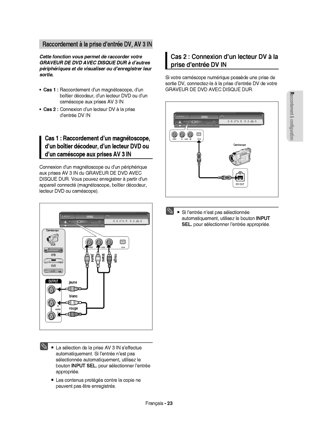 Samsung DVD-HR750/XEF Cas 2 Connexion d’un lecteur DV à la prise d’entrée DV, Raccordement à la prise d’entrée DV, AV 3 