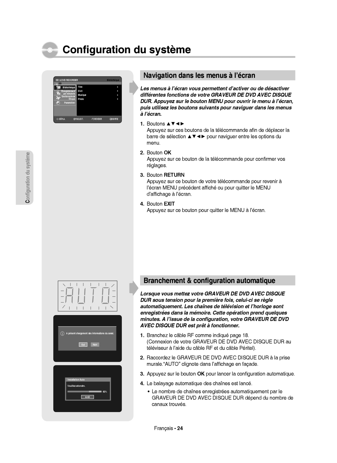 Samsung DVD-HR750/XEF manual Navigation dans les menus à l’écran, Branchement & conﬁguration automatique 