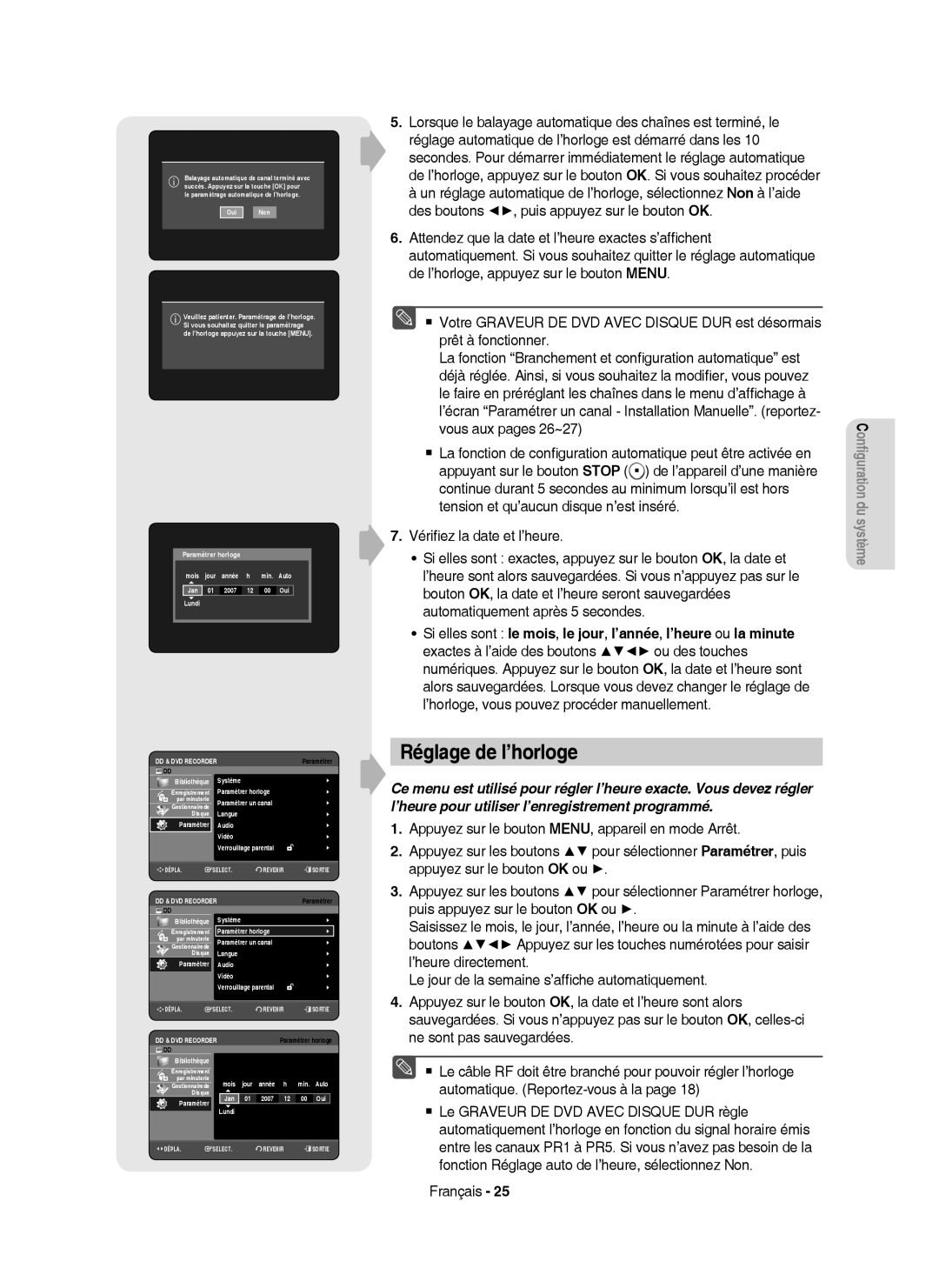 Samsung DVD-HR750/XEF manual Réglage de l’horloge 