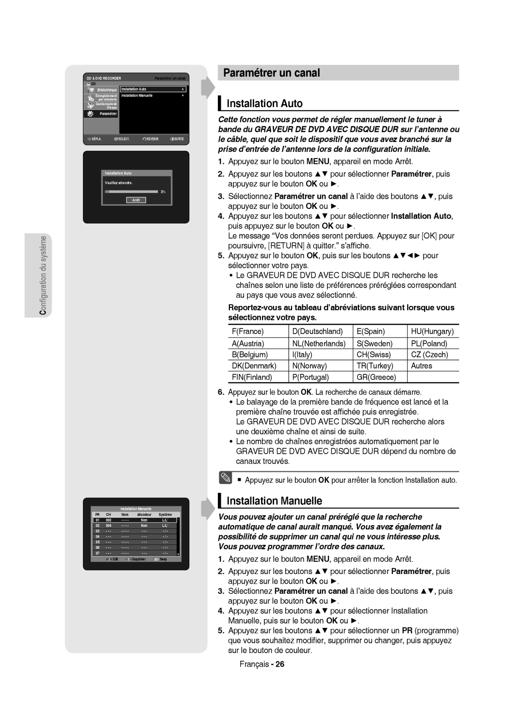 Samsung DVD-HR750/XEF Paramétrer un canal, Installation Auto, Installation Manuelle, FFrance DDeutschland ESpain, AAustria 