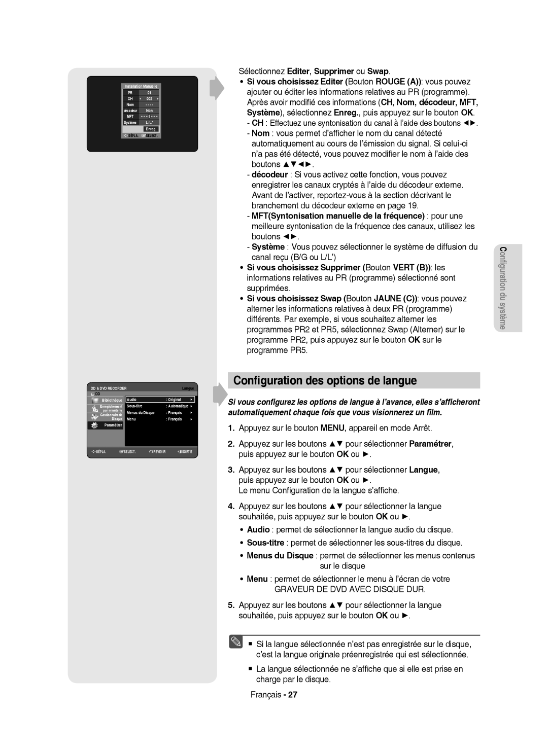 Samsung DVD-HR750/XEF manual Conﬁguration des options de langue, Sélectionnez Editer, Supprimer ou Swap 