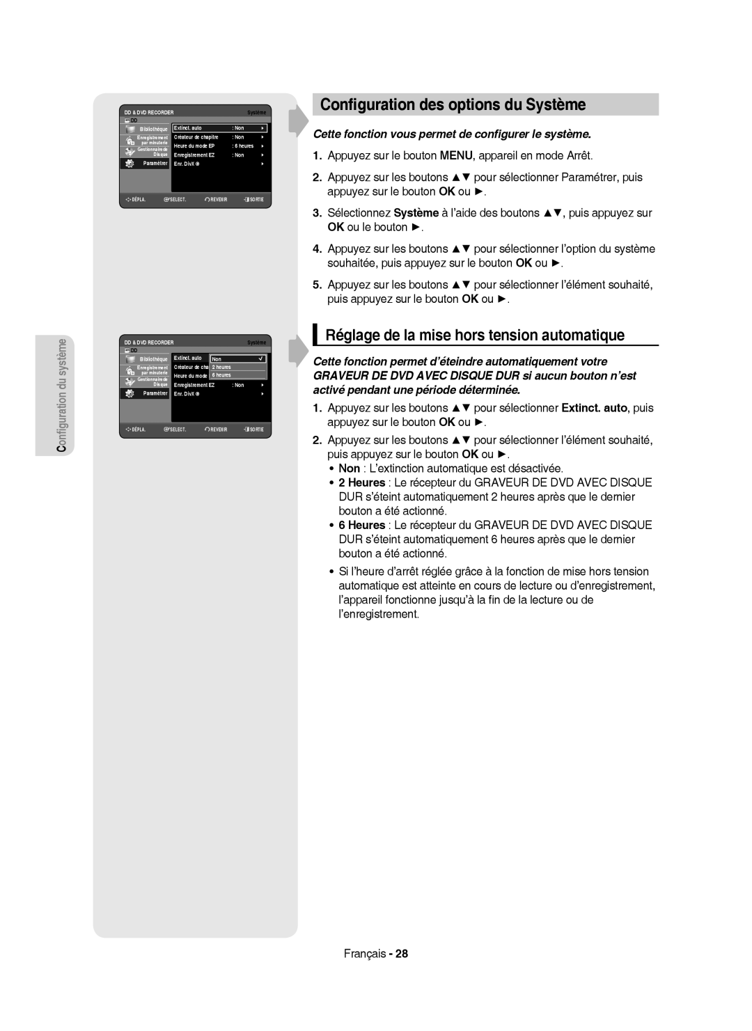 Samsung DVD-HR750/XEF manual Conﬁguration des options du Système, Réglage de la mise hors tension automatique 