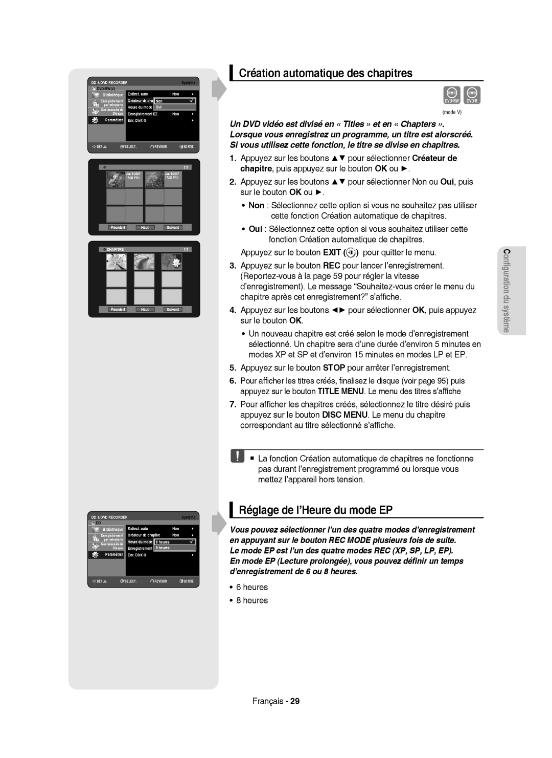 Samsung DVD-HR750/XEF manual Création automatique des chapitres, Réglage de l’Heure du mode EP, Heures 