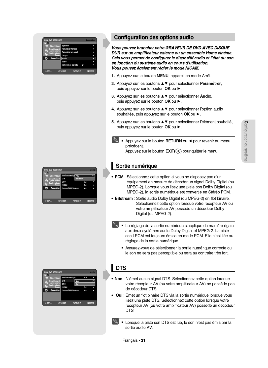 Samsung DVD-HR750/XEF manual Conﬁguration des options audio, Sortie numérique, Bibliothèque Système Paramétrer horloge 