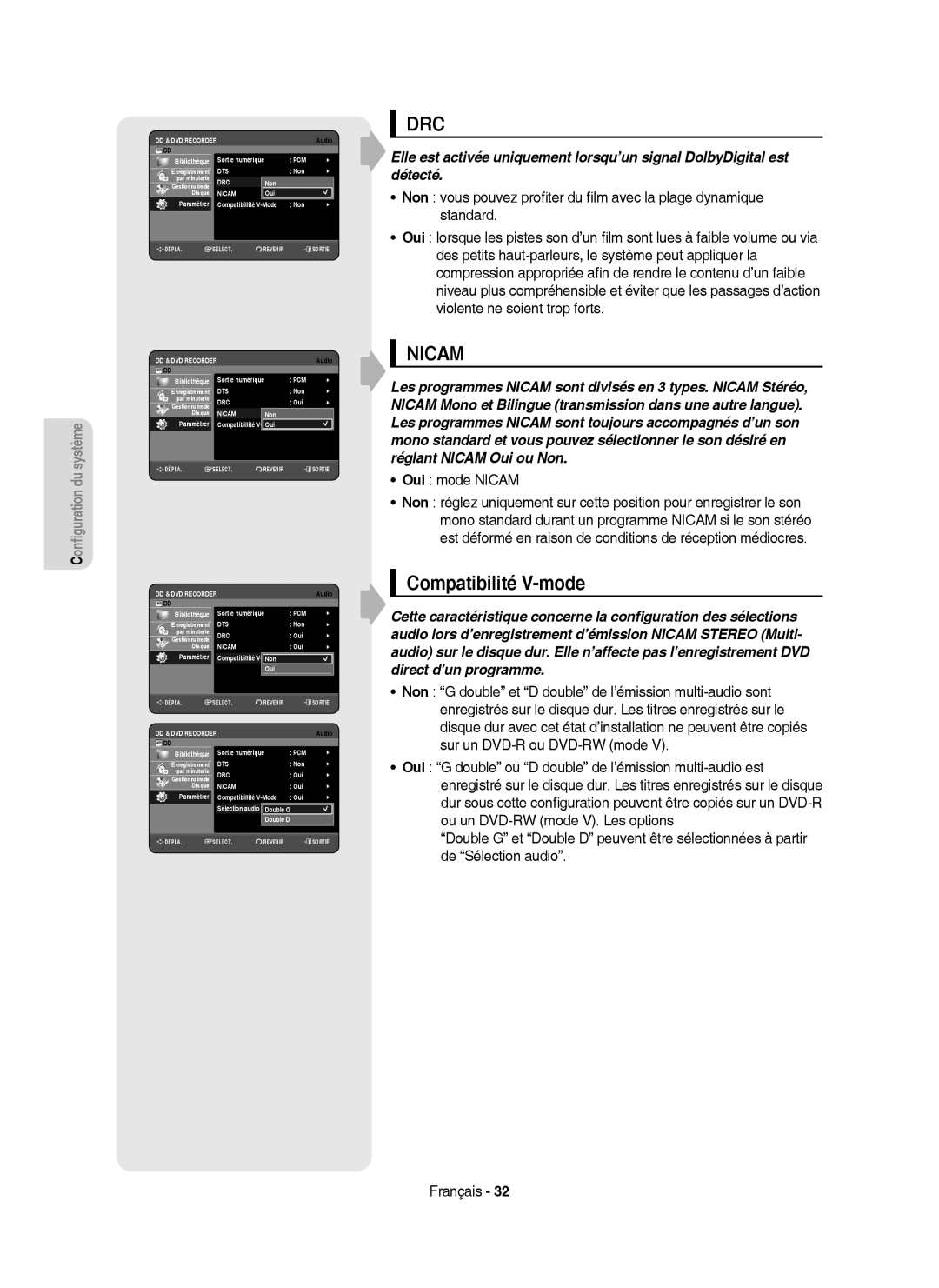 Samsung DVD-HR750/XEF manual Compatibilité V-mode, Oui mode Nicam, Non Oui Paramétrer, Double G Double D 