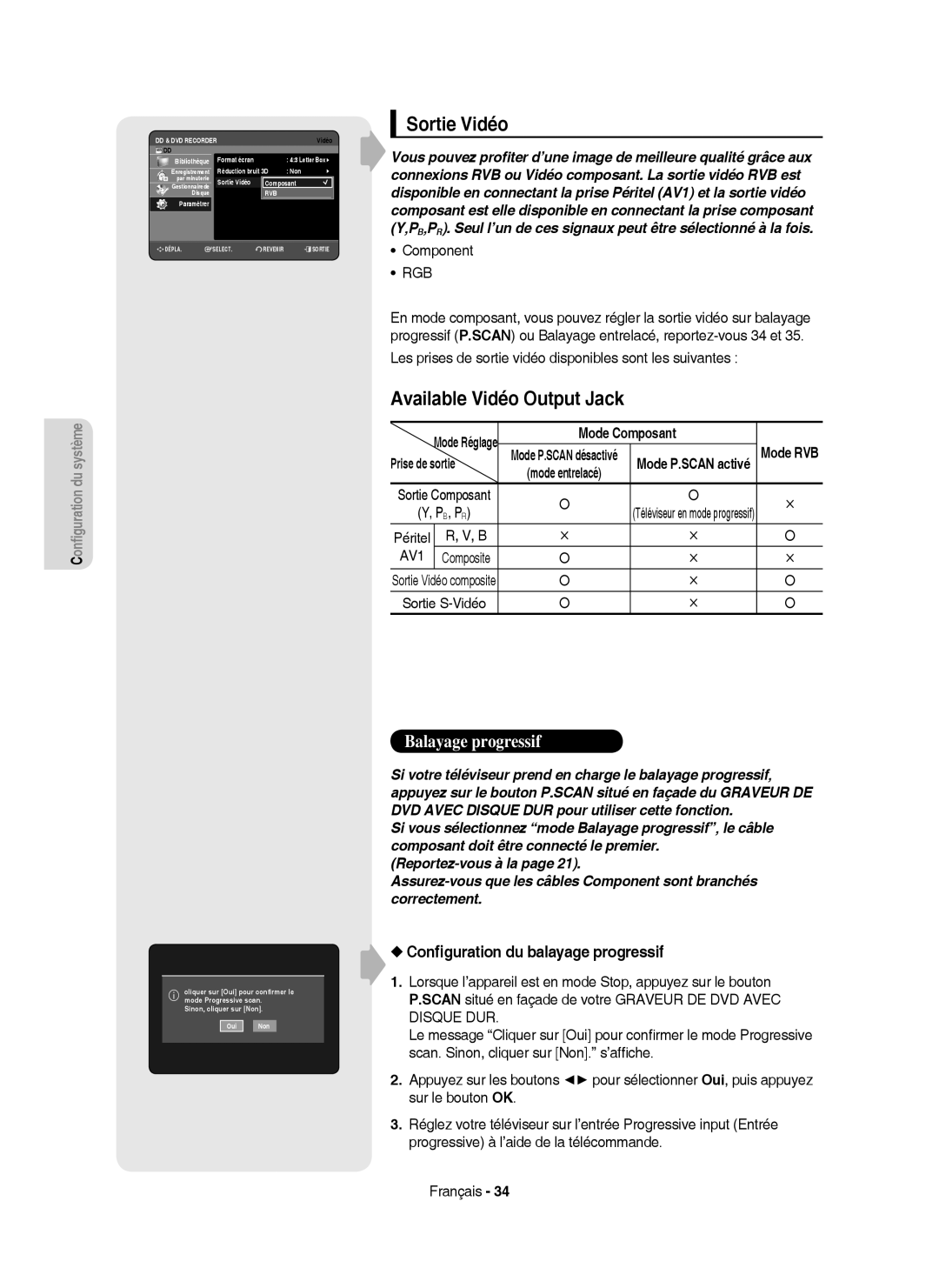 Samsung DVD-HR750/XEF manual Sortie Vidéo, Available Vidéo Output Jack, Conﬁguration du balayage progressif, Mode Composant 