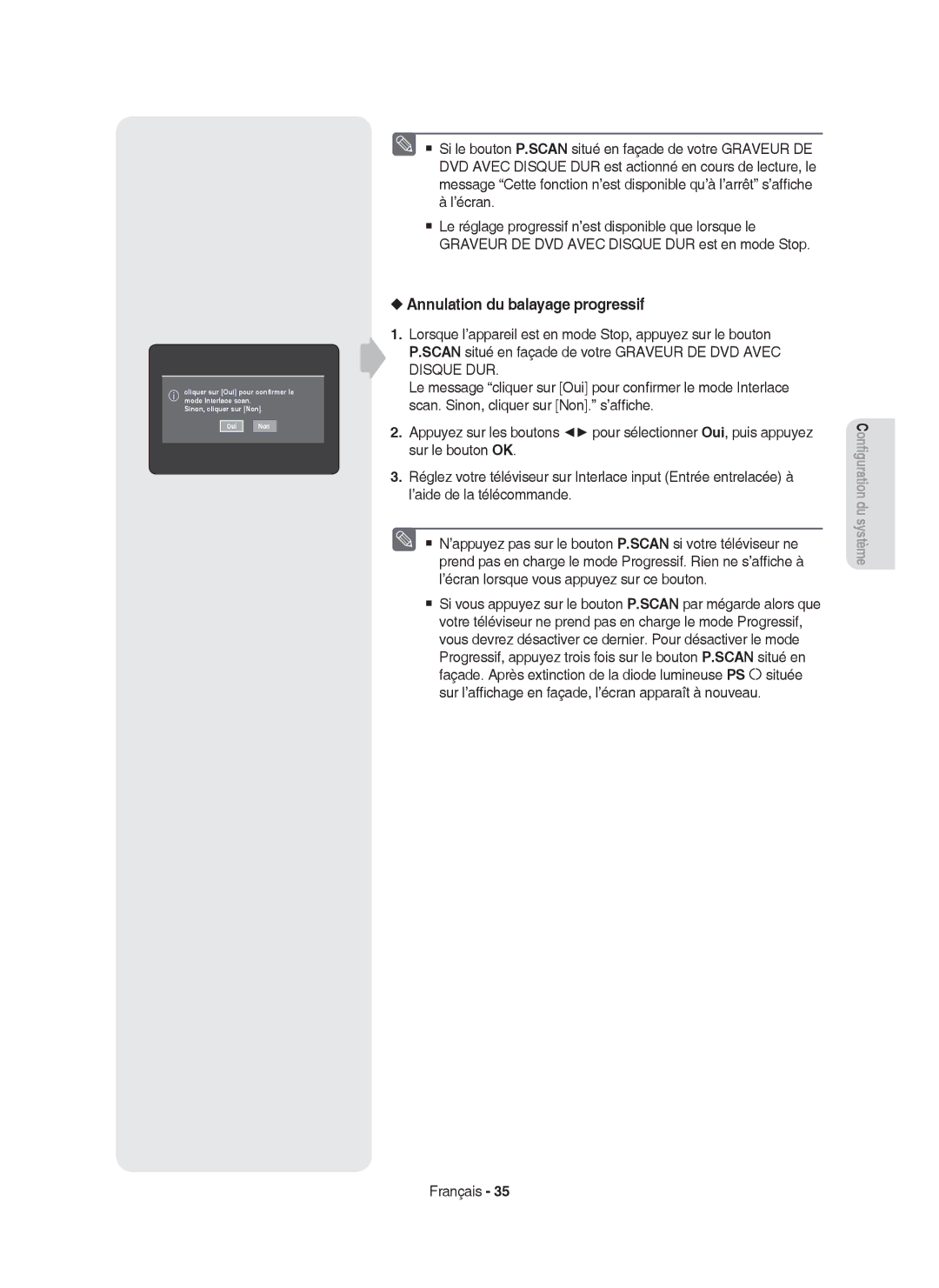 Samsung DVD-HR750/XEF manual Annulation du balayage progressif 