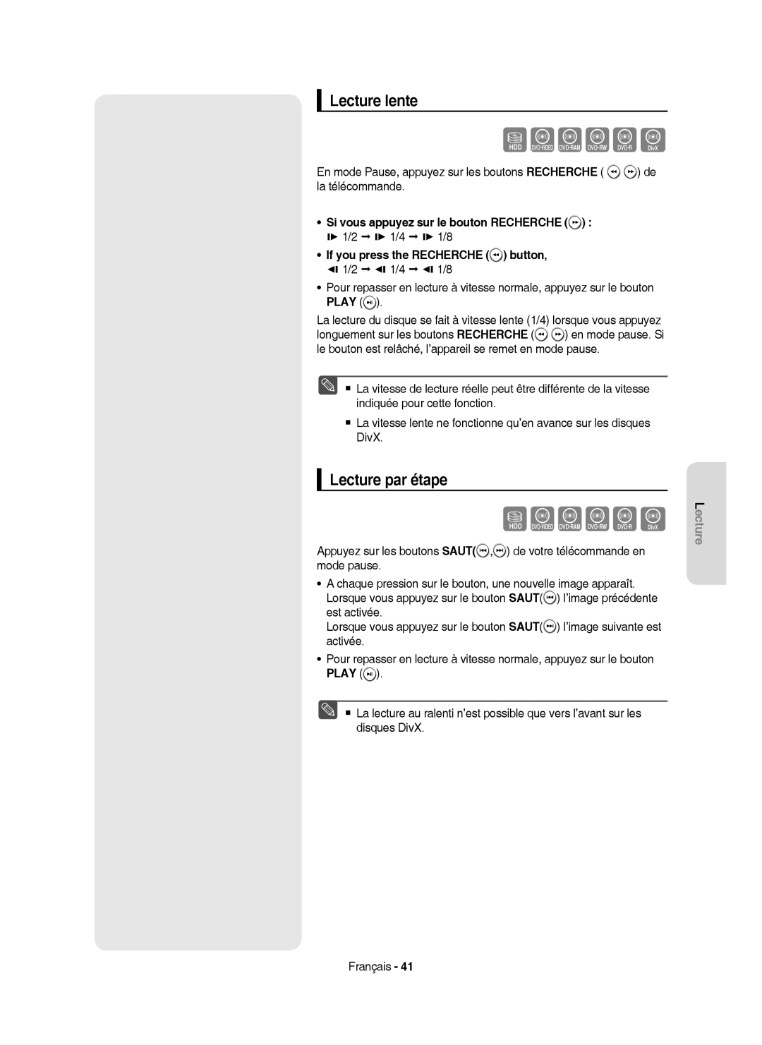 Samsung DVD-HR750/XEF manual Lecture lente, Lecture par étape, Si vous appuyez sur le bouton Recherche,  1/2  1/4 1/8 