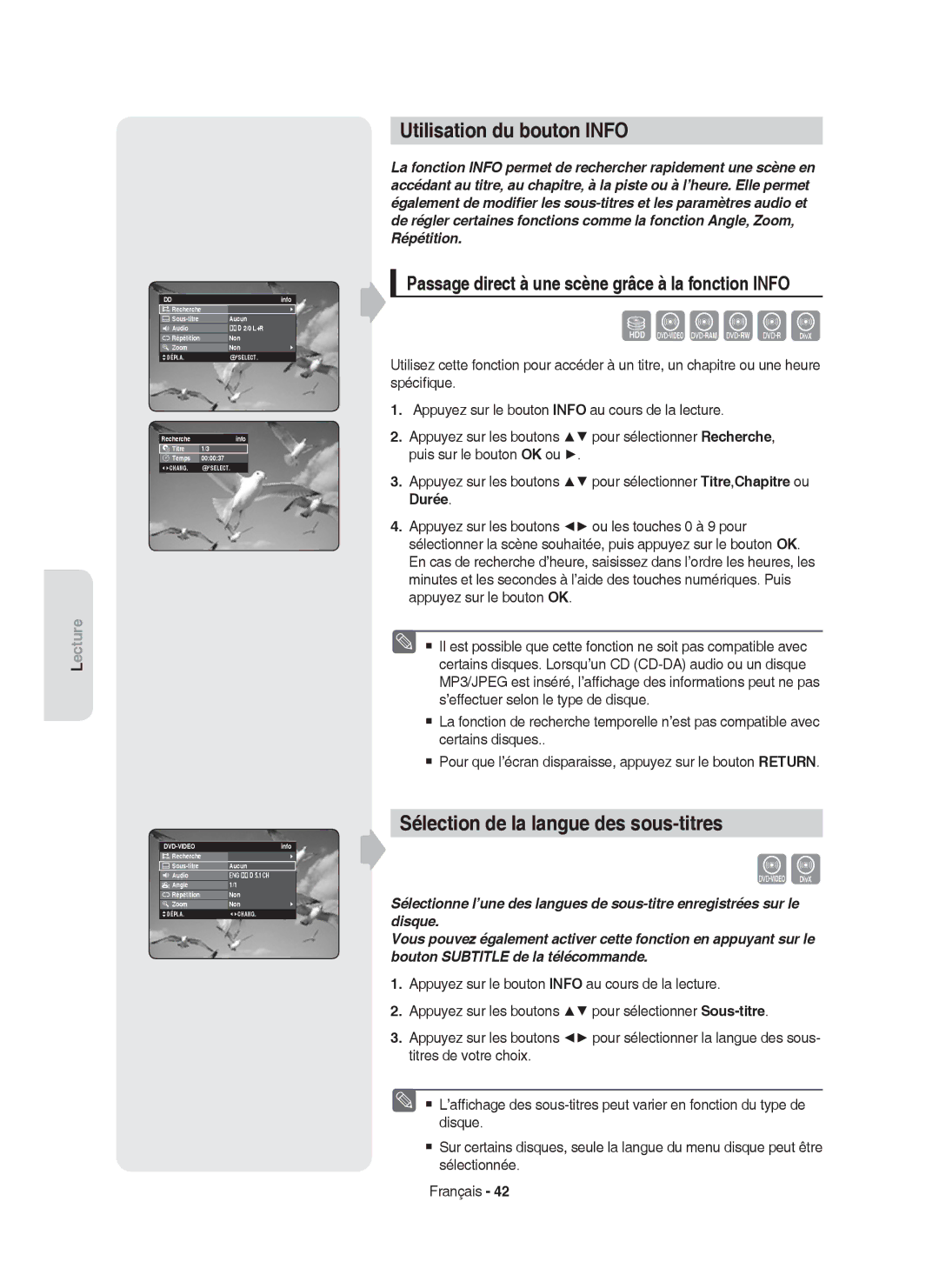 Samsung DVD-HR750/XEF manual Utilisation du bouton Info, Sélection de la langue des sous-titres 