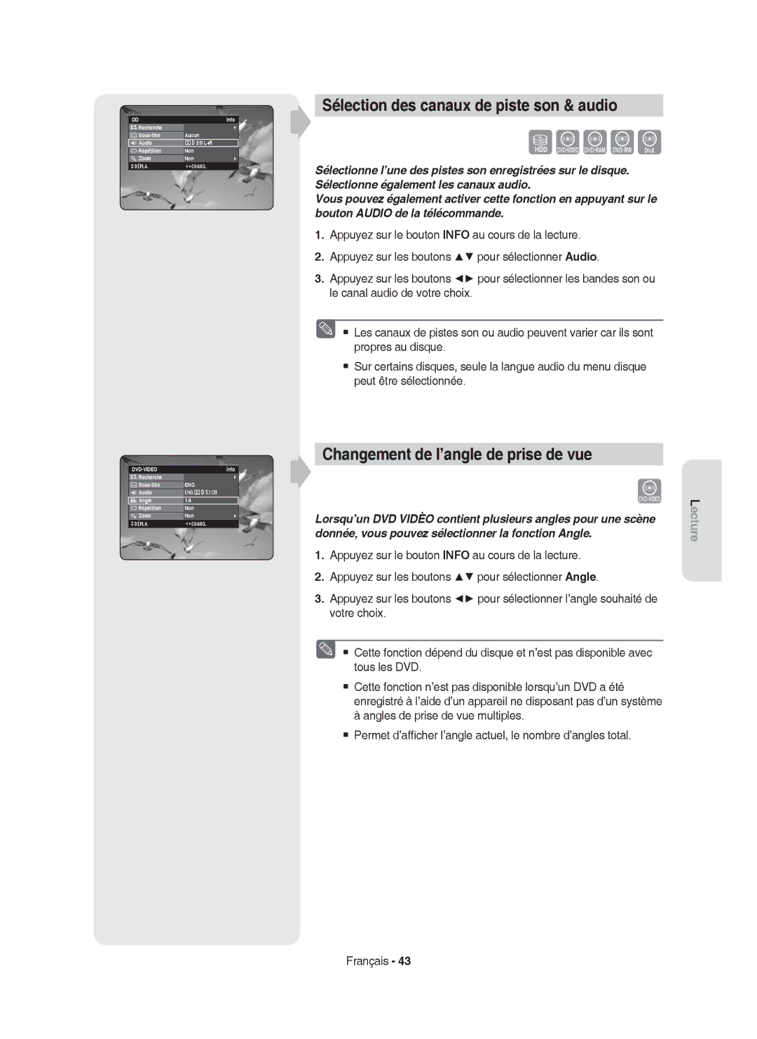 Samsung DVD-HR750/XEF manual Sélection des canaux de piste son & audio, Changement de l’angle de prise de vue 