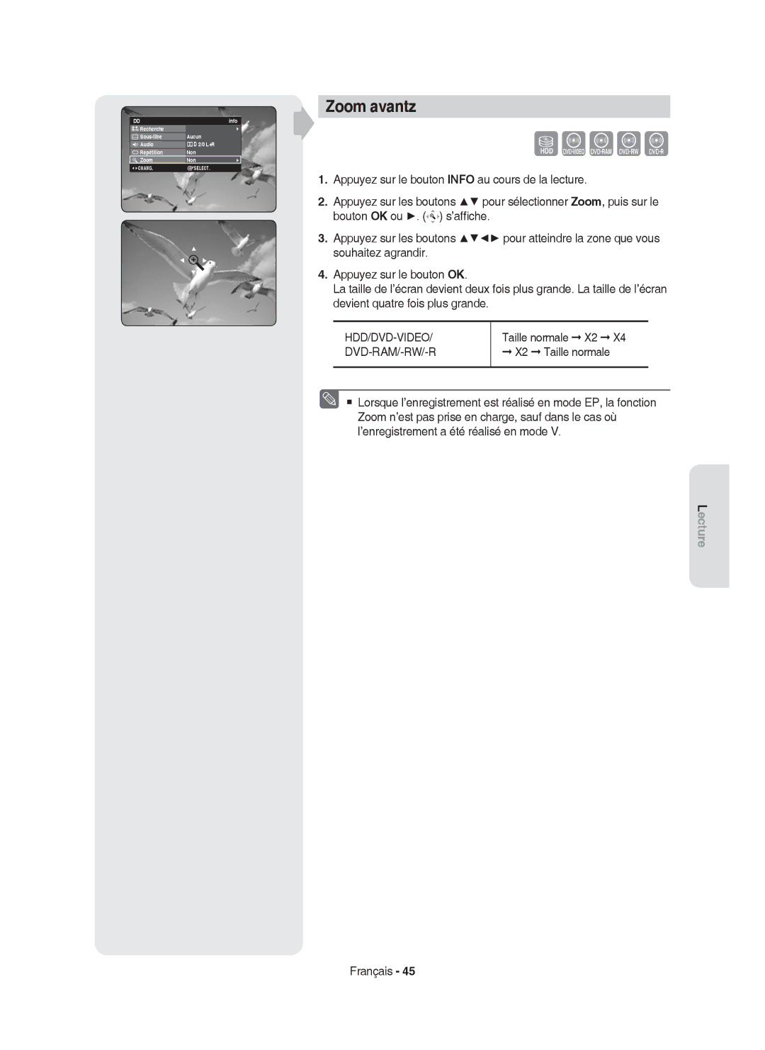 Samsung DVD-HR750/XEF manual Zoom avantz, X2 Taille normale 