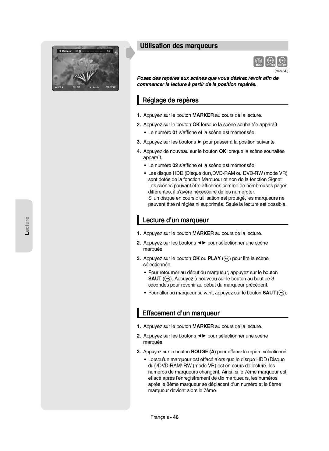 Samsung DVD-HR750/XEF manual Utilisation des marqueurs, Réglage de repères, Lecture d’un marqueur, Effacement d’un marqueur 