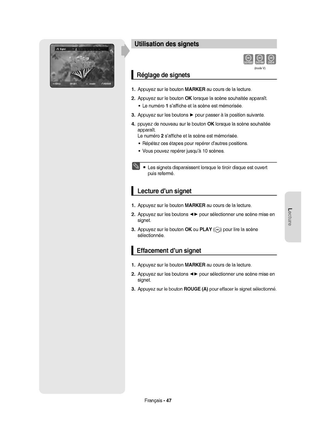 Samsung DVD-HR750/XEF manual Utilisation des signets, Réglage de signets, Lecture d’un signet, Effacement d’un signet 