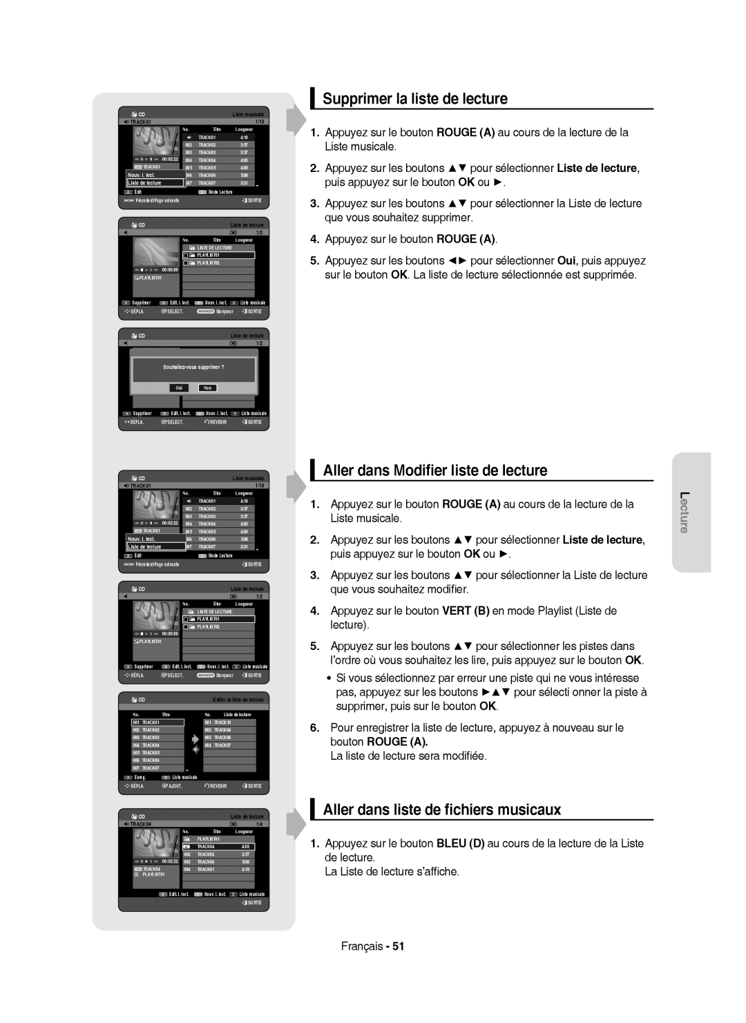 Samsung DVD-HR750/XEF manual Supprimer la liste de lecture, Aller dans Modiﬁer liste de lecture 