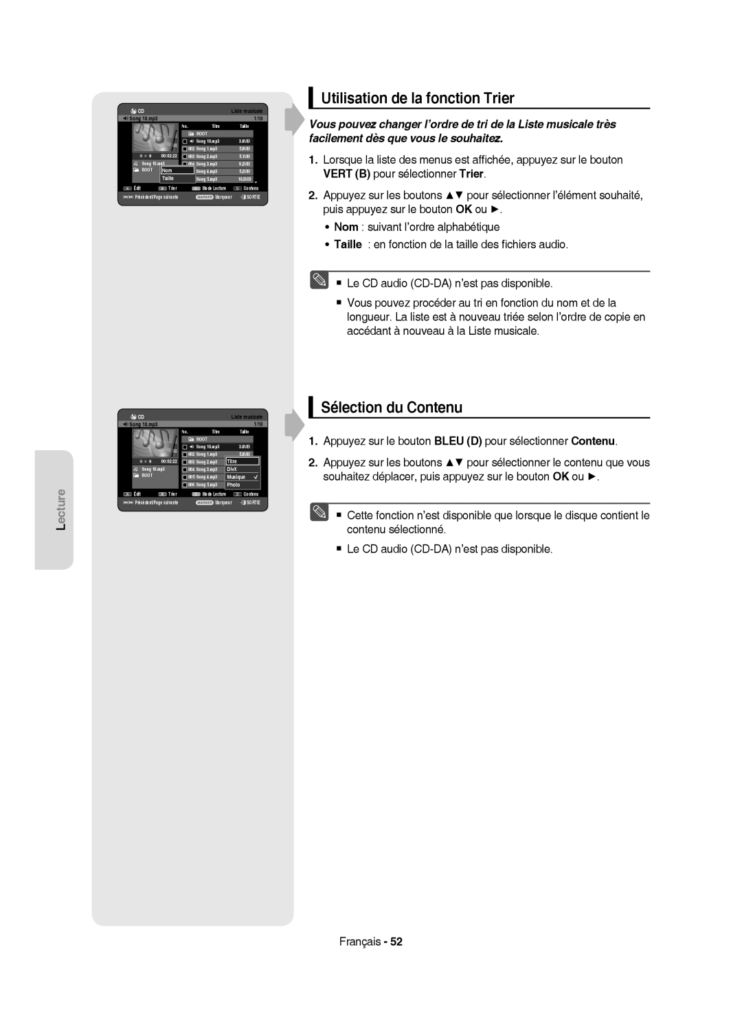 Samsung DVD-HR750/XEF manual Utilisation de la fonction Trier, Sélection du Contenu, Taille 