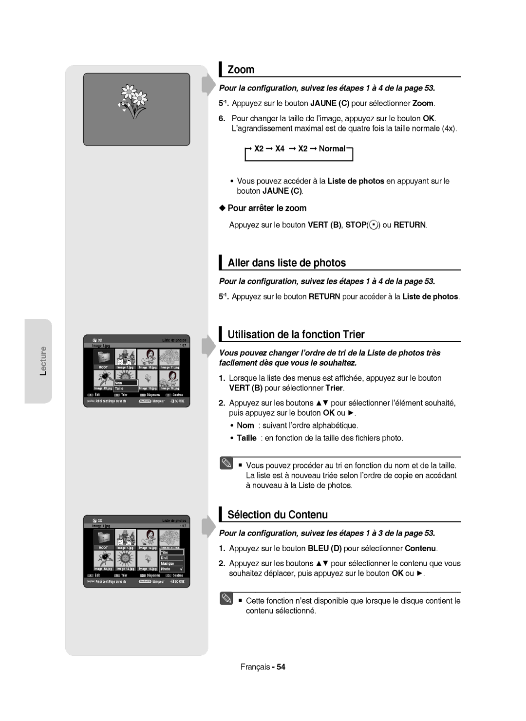 Samsung DVD-HR750/XEF manual Zoom, Aller dans liste de photos, Pour arrêter le zoom, X2 X4 X2 Normal 