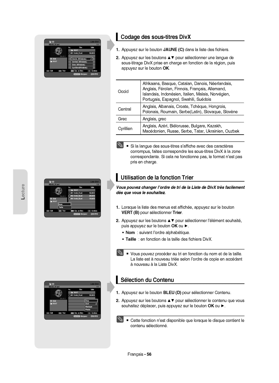 Samsung DVD-HR750/XEF manual Codage des sous-titres DivX, Movie01.avi, Grec Windows, DivX Musique 