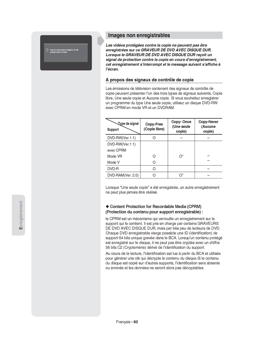 Samsung DVD-HR750/XEF Images non enregistrables, Propos des signaux de contrôle de copie, Copy-Free Copy- Once Copy-Never 