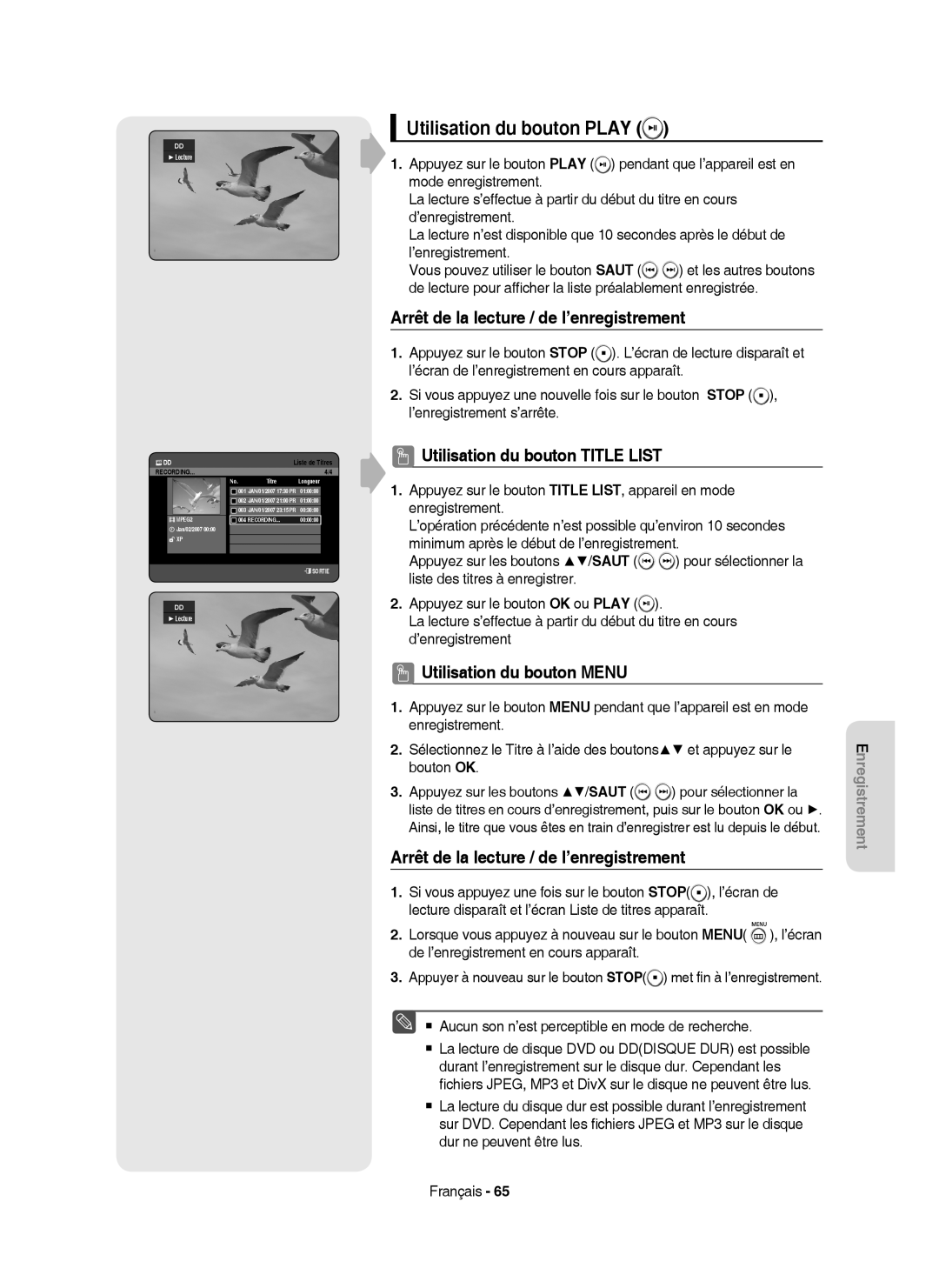 Samsung DVD-HR750/XEF manual Utilisation du bouton Play, Arrêt de la lecture / de l’enregistrement 