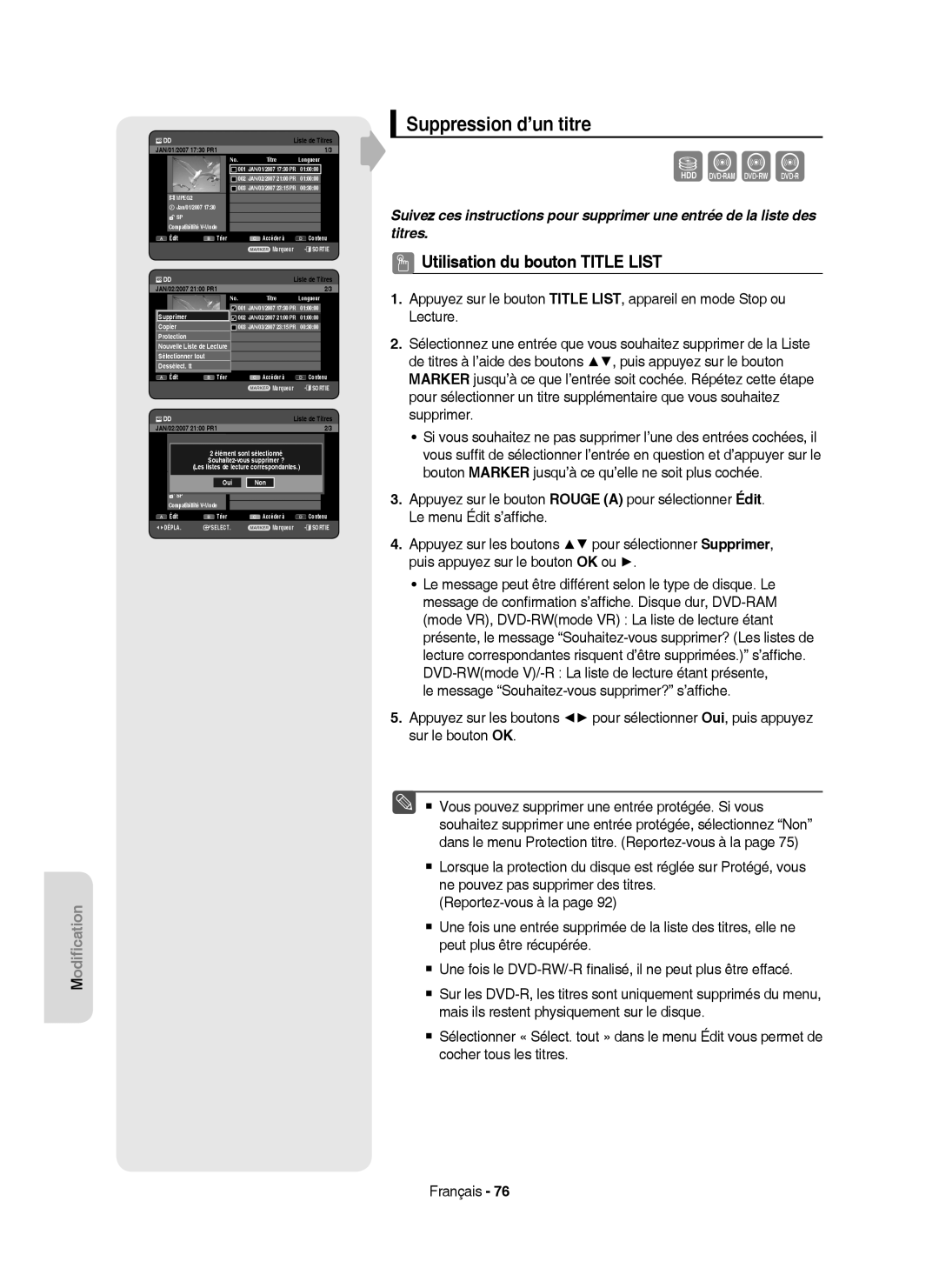 Samsung DVD-HR750/XEF manual Suppression d’un titre, JAN/02/2007 2100 PR1 