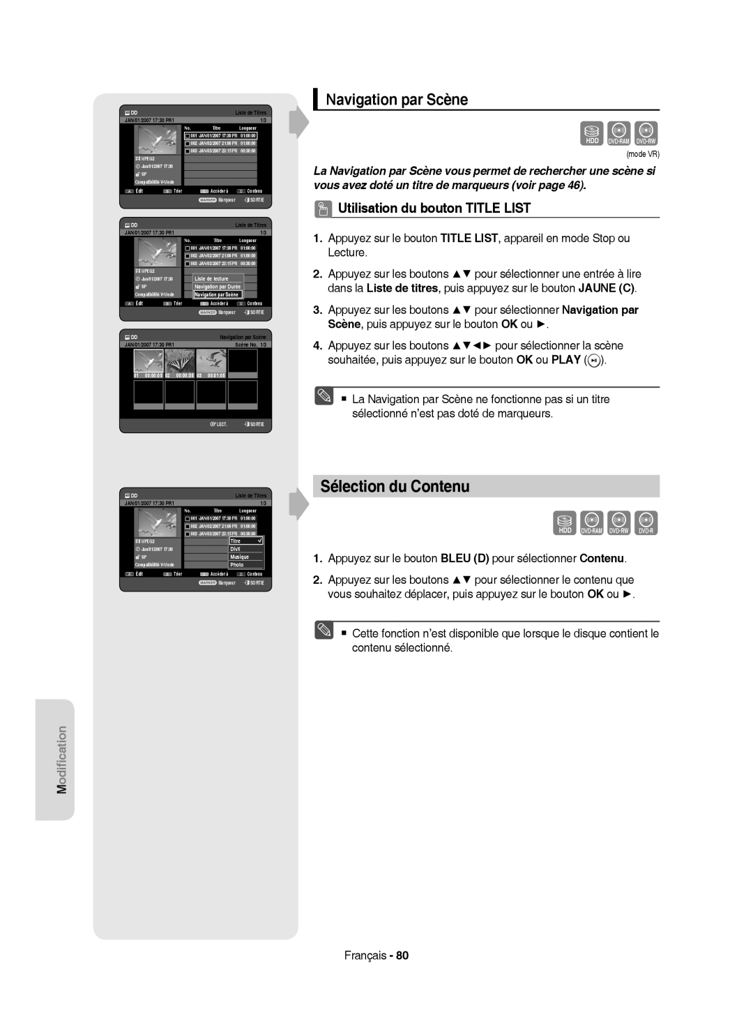 Samsung DVD-HR750/XEF manual Sélection du Contenu, Navigation par Scène, Scène No /3, 01 000005 02 000035 03 