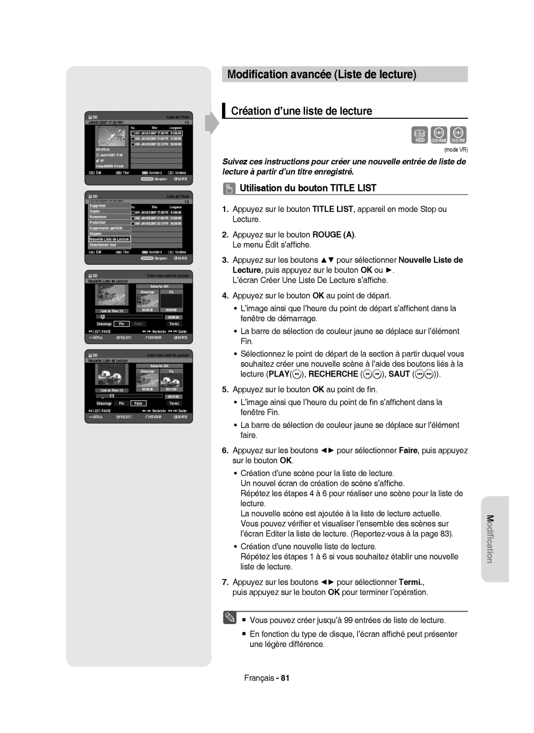 Samsung DVD-HR750/XEF manual Modiﬁcation avancée Liste de lecture, Création d’une liste de lecture, Fin Faire Termi 