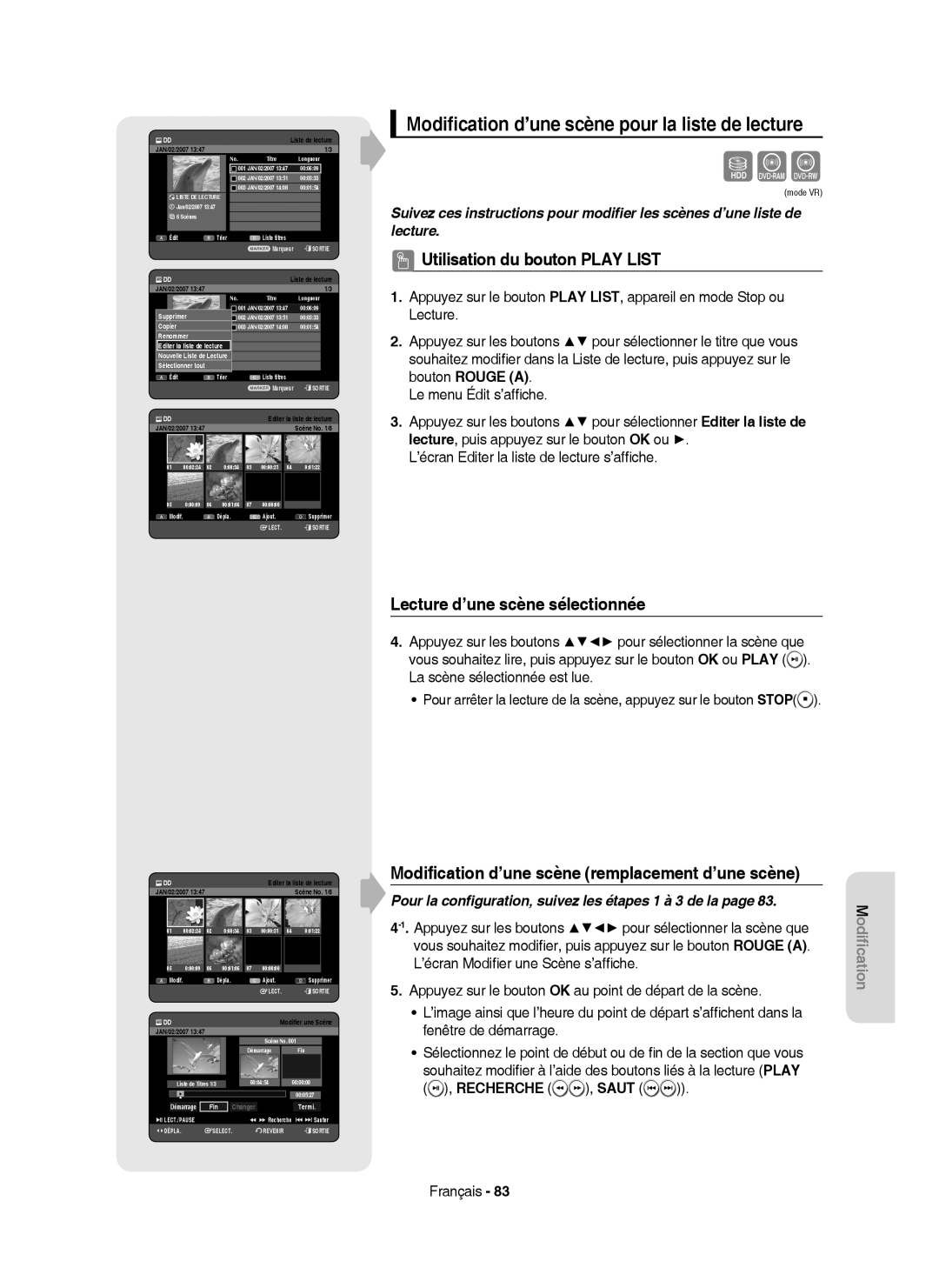 Samsung DVD-HR750/XEF Modiﬁcation d’une scène pour la liste de lecture, Lecture d’une scène sélectionnée, Recherche , Saut 