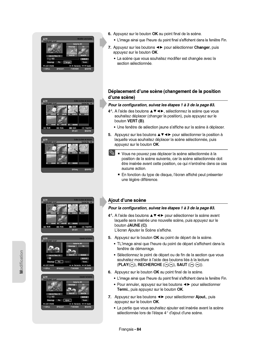 Samsung DVD-HR750/XEF manual Ajout d’une scène, Bouton Jaune C, Play Recherche, Saut 