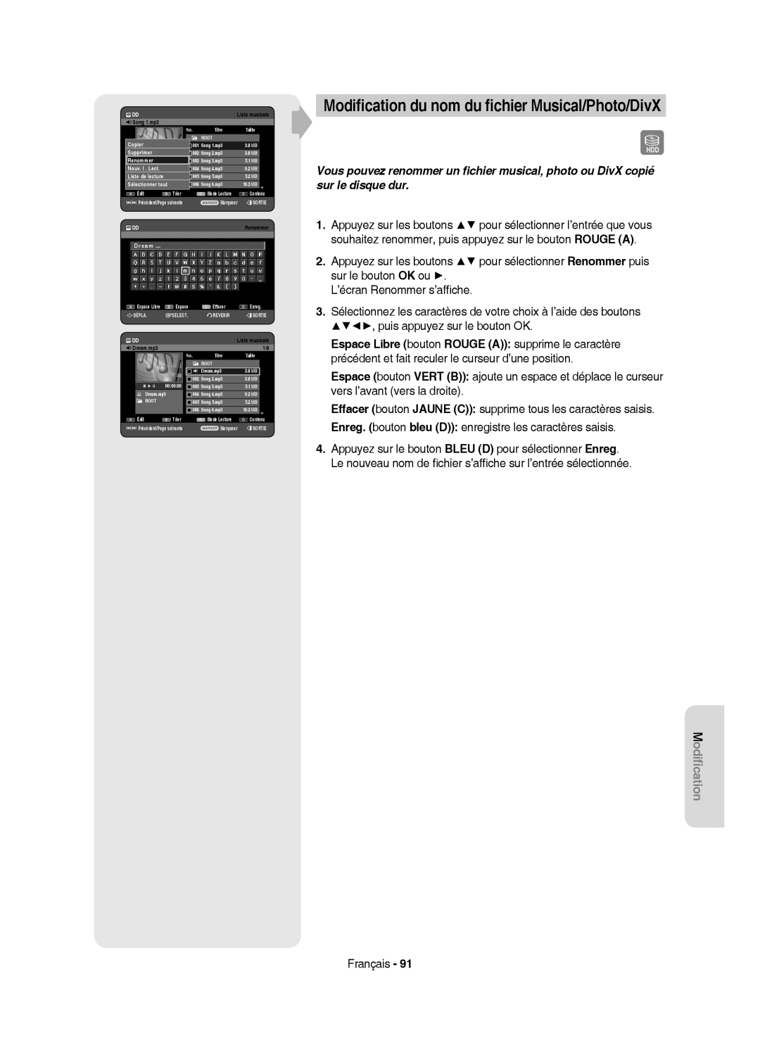 Samsung DVD-HR750/XEF manual Modiﬁcation du nom du ﬁchier Musical/Photo/DivX, Dream 