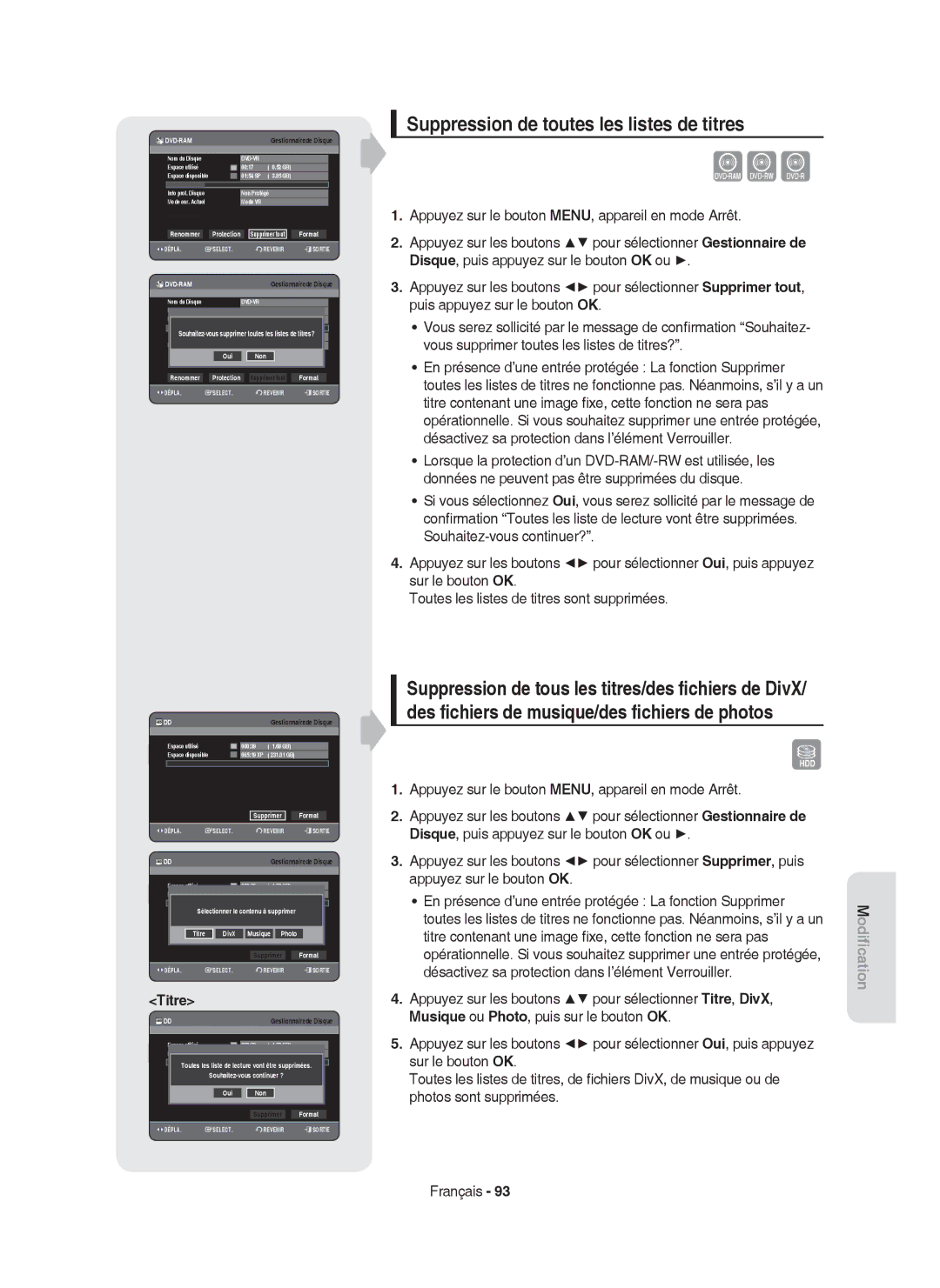 Samsung DVD-HR750/XEF manual Suppression de toutes les listes de titres 